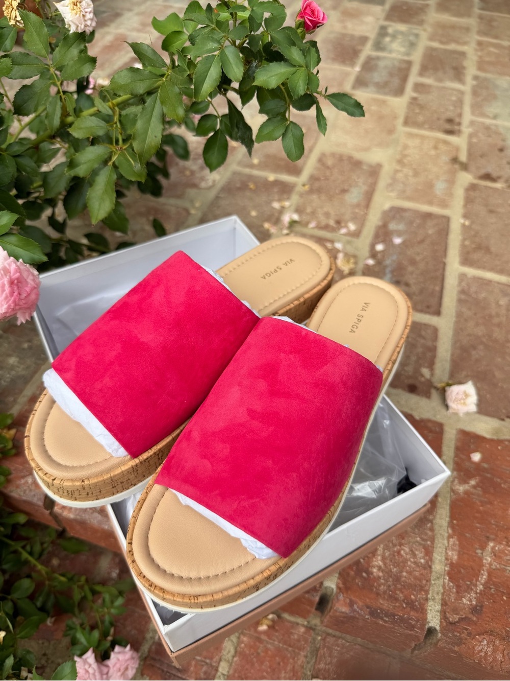 Via Spiga Hot Pink Suede Cork Slide Mules